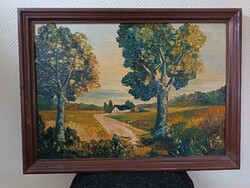 Szabó László, erdei út , 80x62!! cm olaj/farost festmény. Kisautó, játék csere is érdekel