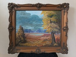Szabó László, tájkép tóval , 50x40,5 cm olaj/farost festmény. Kisautó, játék csere is érdekel
