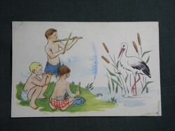 Képeslap,grafikai,humor,vízparton zenélő gyerekek,fehér gólya madár,1955-