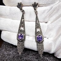 Art deco stílusú ezüst (925) fülbevaló ametiszttel és marcasittal