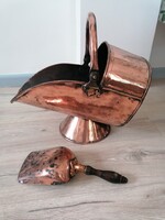 Antik Francia réz, vörösréz kandalló szén-, fa tároló edény lapáttal