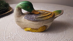 Régi,kézzel készített fa kacsa,tároló