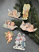 Vintage kétoldalas akasztós keménypapír karácsonyfa díszek, aranyozott angyalkák- 4 db egyben