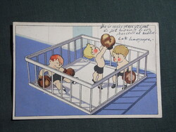 Képeslap,grafikai,humor,vicc,boxoló gyerekek,1955-