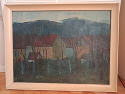 Kántor Lajos: Házak a hegy alatt hibátlan képcsarnoki festmény eredeti keretében, szignált 60x80 cm