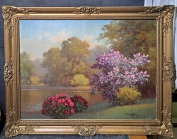 AKCIÓ! TORDAI SZÉKELY MIHÁLY 80x60 CM, BLONDEL KERETBEN! vízparti táj virágokkal, természet, park