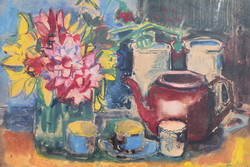 Somogyi József: Csendélet kék csészékkel, bordó kiöntővel