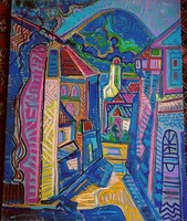 Kozma István: Czinterem  Nagybányán - színgazdag, gyönyörű festmény a 2000-es évek elejéről