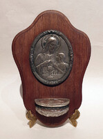 Jelzett, üvegbetétes, antik szenteltvíztartó, szép kegytárgy (23cm)