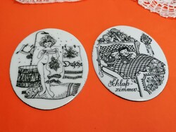 Régi, tűzzománc hálószoba és fürdőszoba jelző ovális fém tábla, karakeres mvészi illusztációval.