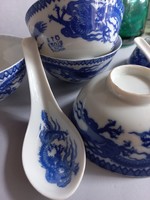 Japán sárkány mintás rizses tál 5 db, 2 kanál, kék