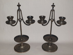 Antik, ezüstözött ón, állítható magasságú gyertyatartó pár – kivehető gyertyabetétekkel