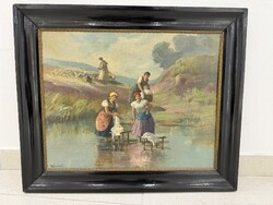 Burchard Bélaváry István mosónők asszonyok pataknál folyónál realista tájkép életkép