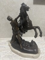 Antik Lófékező lovas Bronz szobor Kolzsvàry lovàt fékező ,màrvàny talpon.