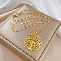 SZÉP HALVÁNY 14 K. ARANYOZOTT ARANYOS ÉLETFA MEDÁLOS NYAKLÁNC KICSI KRISTÁLY KÖVEK DÍSZÍTIK.