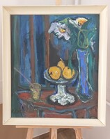 D. Borbély Gizella képcsarnokos virágcsendélet festmény 6x77 cm kerettel