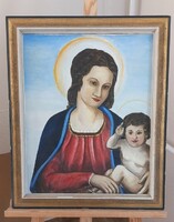 Mária a kis Jézussal szignózott szentkép festmény 48x58 cm kerettel