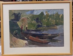 Karsai Zsigmond "Tiszai csónakok " olaj-papír 1968 Tokaj