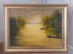 Solymosné Göldner Márta három horgász festmény 82x63 cm kerettel
