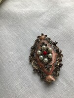 Markazitos antik tűzzománcos, gyöngyös kitűző