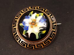 Antik rézkeretes kézzel festett porcelán bross (D = 2,9 cm)