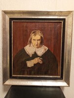 Lenyűgöző, olaj vászon portré egy gyönyörű, régi ezüst színű antik keretben, Kardos szignóval