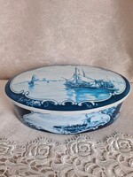 Holland vintage ovális  fém bonbonos doboz szélmalommal vitorláshajóval vidéki életképpel