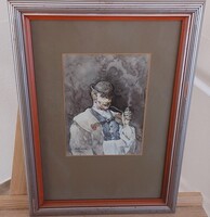 Hollósy B. jelzéssel pipázó juhász akvarell festmény 31x42 cm kerettel