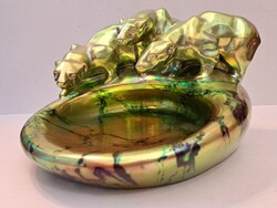 GYÖNYÖRŰ! NAGY MÉRETŰ! ANTIK LABRADOR+EOZIN MÁZAS Zsolnay porcelán névjegytartó kínáló tál medvékkel