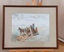 Gaál Sándor Csikós a pusztán grafika 66x53 cm kerettel