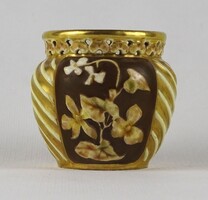 1U055 Antik aranyozott virágmintás áttört Zsolnay majolika kaspó