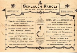 Számla: Schlauch Károly vaskereskedés, Szeged 1889. Reklám.