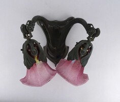 1V919 Antik szecessziós bronz kétágú falikar rózsaszín üvegbúrával