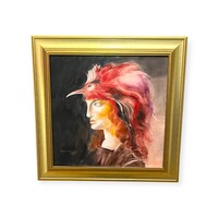 Hartmann Kitty - Szürrealista portré madármotívummal, impozáns kortárs festmény 42x42