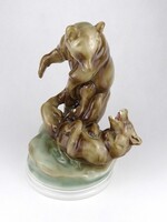1X625 Nagyméretű Zsolnay porcelán bírkózó medve pár, Markup Béla 30 cm