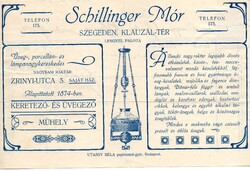 Számla: Schillinger Mór üveg, porcelán, Szeged 1913. Reklám.