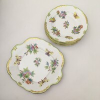 Herendi Viktória mintás porcelán süteményes tálca és 6 süteményes tányér szett, 1. osztályú hibátlan