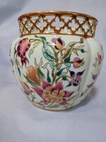 Zsolnay.  (régi) Orchidea mintás, nagy méretű -  dúsan festett , domború felületű áttört kaspó