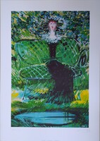 EREDETI, ALÁÍRT, SZÁMOZOTT KASS JÁNOS SZITANYOMAT „Green lady” (zöld hölgy) c. egyedi alkotás 68×48