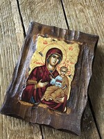 Régi görög antikolt kézzel festett ikon másolat hátulján pecsétes certifikáttal