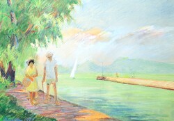 Szarka Árpád: Balatoni életkép, Fonyódliget - Tájkép a Balatonnál vitorlással, Fonyód, soproni festő