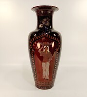 ZSOLNAY, DOLGOZÓ NŐK TÖBBTŰZŰ EOSIN KÉZZEL FESTETT PORCELÁN PADLÓVÁZA, HIBÁTLAN! (HD005)