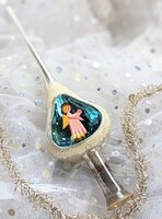 Régi angyalkás üveg diorámás karácsonyfadísz csúcsdísz 27 cm