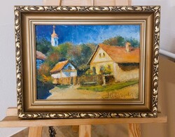 Mészáros Magdolna szép falusi utcakép festménye 42x34 cm kerettel