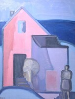 Zöld Anikó: Konstruktivista utcakép (80x60 cm olajfestmény, Képcsarnok) Ház figurával - női festő