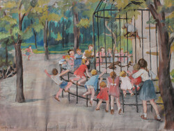 Lády Lenke: Napközi az állatkertben, 1950, hátoldalon kiállítási címkék