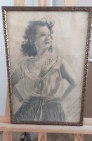 Jakab Ilonka női portré grafika 31x46 cm kerettel