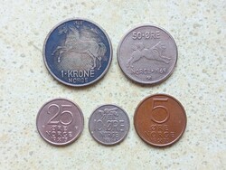 Norvégia 5 db Különböző Érme 5,10,25,50 Öre 1 Korona 1964-1975