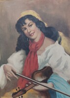 Cinka Panna cigánylány hegedűvel című festmény Rideg jelzéssel 80 x 60 cm