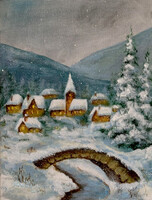 Tél egy kis hegyi faluban - akrilfestmény- 24 x 18 cm